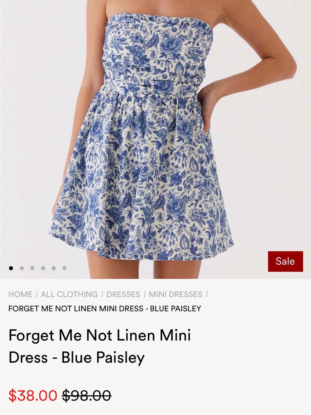 Peppermayo Blue and White Strapless Paisley Mini Dress